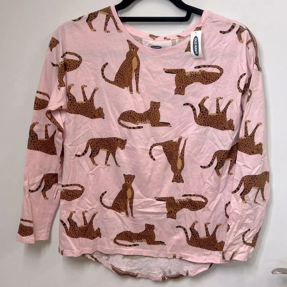 NWT Old Navy pink with cheetahs long sleeve high low shirt size XL (14)